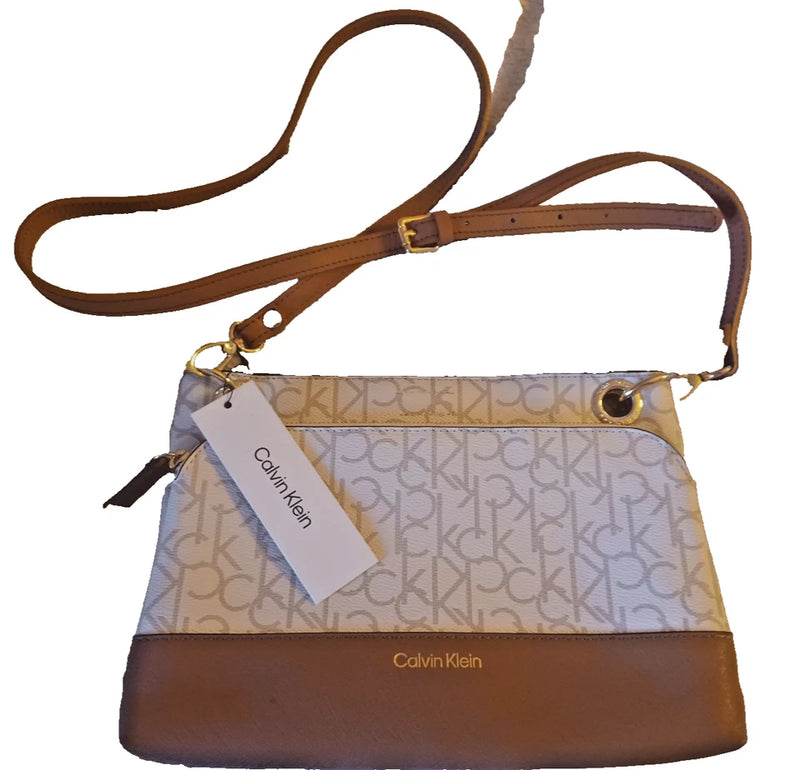 CALVIN KLEIN Women's CK Signature Crossbody BagPurse White Vanilla PVC Beige (CLEARANCE)