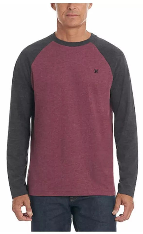 Hurley Men's Long Sleeve Raglan Baseball Tee T-Shirt - Maroon Gray LARGE NWT