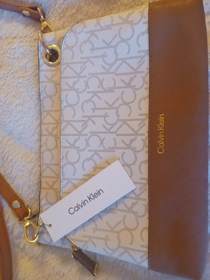 CALVIN KLEIN Women's CK Signature Crossbody BagPurse White Vanilla PVC Beige (CLEARANCE)