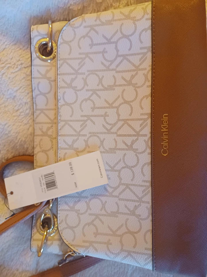 CALVIN KLEIN Women's CK Signature Crossbody BagPurse White Vanilla PVC Beige (CLEARANCE)