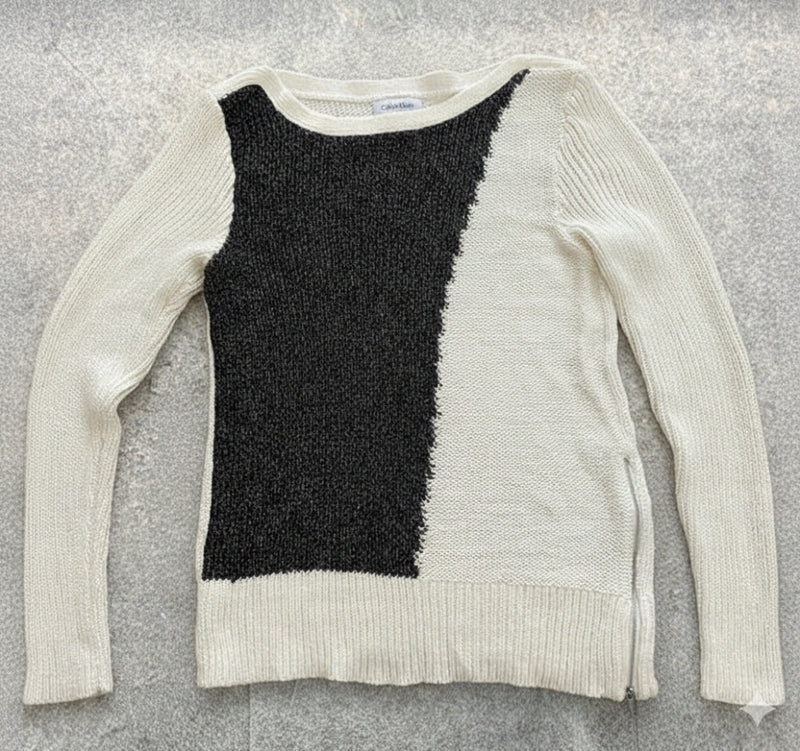 Calvin Klein Women Round Neck Long Sleeves Pullover -Cream/Black