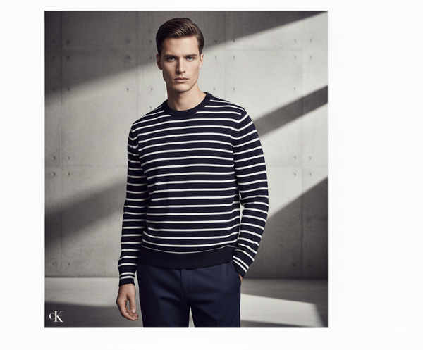 CALVIN KLEIN MENS CREW NECK SUPIMA COTTON STRIPE SWEATER ROYAL COLOR