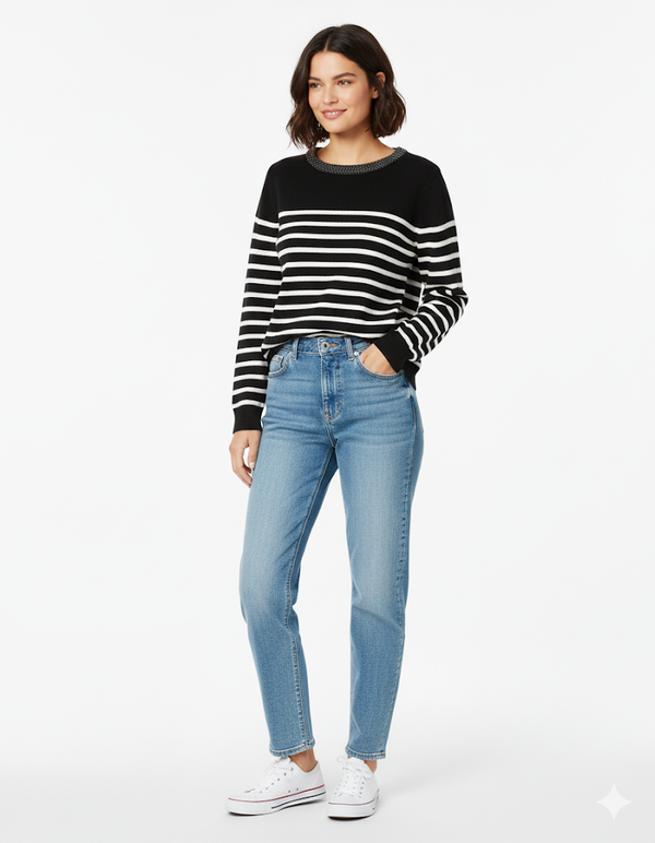 Charter Club Women's Long Sleeve Striped Black Ivory Sweater