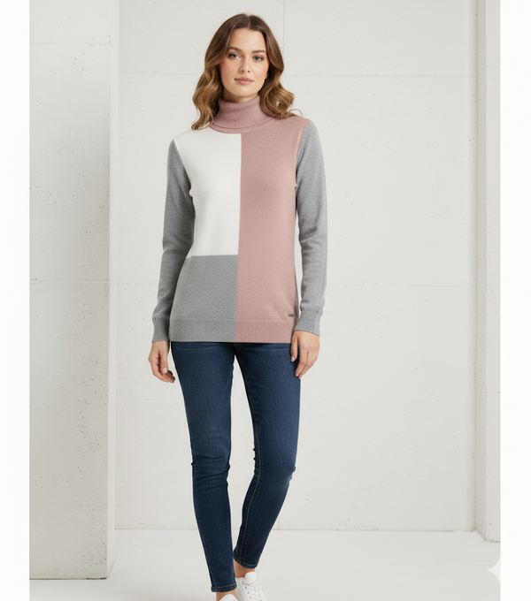 CALVIN KLEIN Women's Sweater Large Gray White beige Color Block Turtleneck