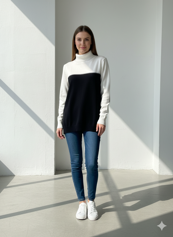 Calvin Klein Women's Turtleneck Cowl Sweater  Silver line Colorblock
