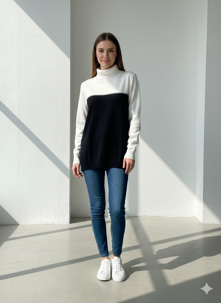 Calvin Klein Women's Turtleneck Cowl Sweater  Silver line Colorblock