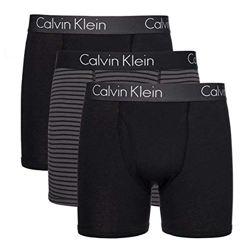 Calvin Klein Mens 3 Pack Logo Cotton Stretch Boxer Briefs Black/Pinstripe/Black