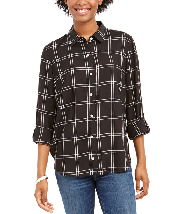 Tommy Hilfiger Windowpane Plaid Roll-Tab Shirt Vitre Windowpane- Aubergine
