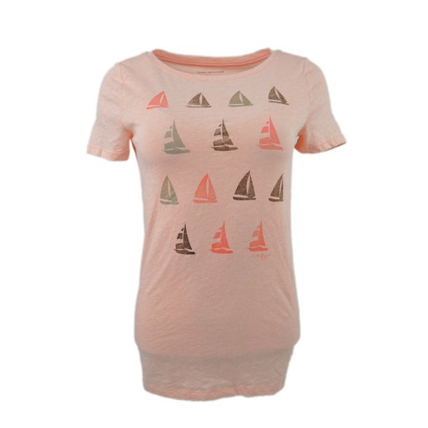 Tommy Hilfiger Womens Heather Pink Sailboat Graphic Tee Shirt