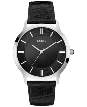 GUESS Black Genuine Leather Watch with Stainless Steel Case