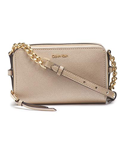 Calvin Klein Marybelle Saffiano Double Zip Organizational Crossbody, Metallic Taupe