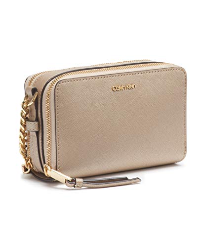 Calvin Klein Marybelle Saffiano Double Zip Organizational Crossbody, Metallic Taupe