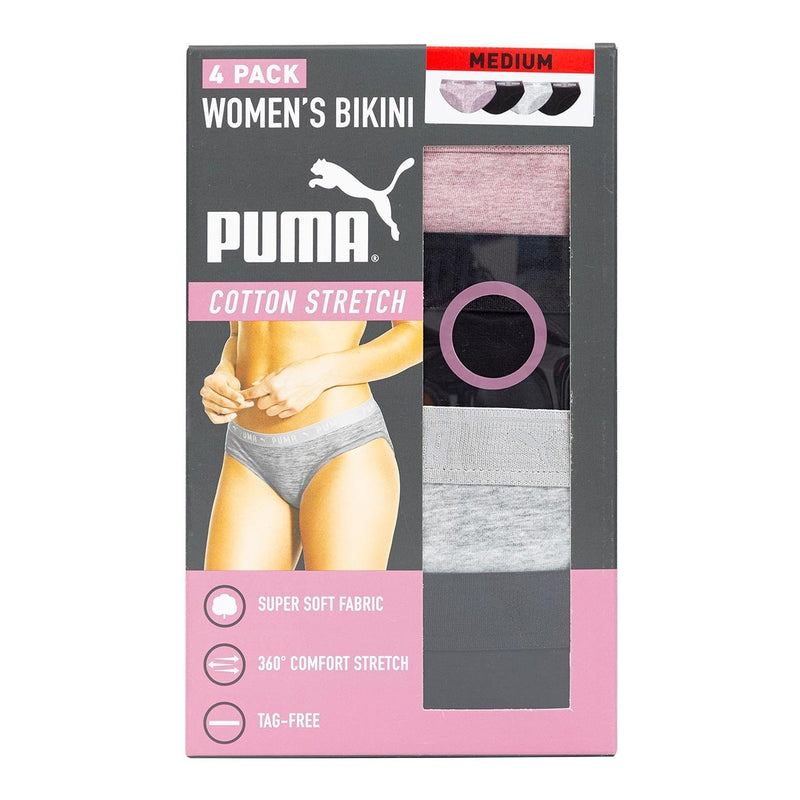 PUMA Premium Cotton Stretch Bikini Underwear Panties 4pk Blk/gray/pink