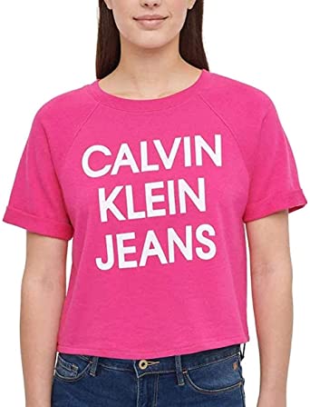Calvin Klein Jeans Womens French Terry Logo Crop Top Pink