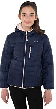Eddie Bauer Girls Faux Fur Reversible Hooded Jacket NAVY