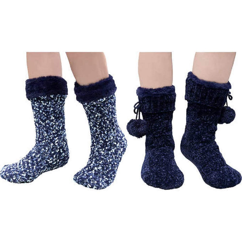 Jane & Bleecker 2 Pair Slipper Socks for Ladies Navy Popcorn Stitch - Navy Chenille