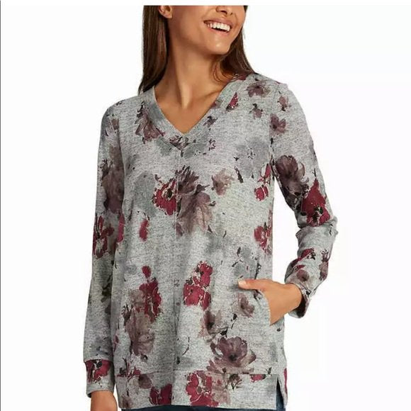 Ellen Tracy Womens Tunic Shirt Romace Gray Floral