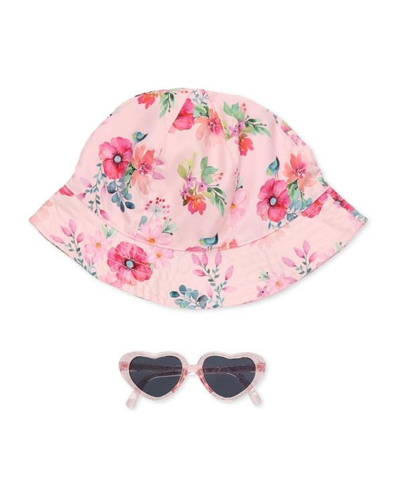 Little Me Baby Girl Floral Bucket Hat & Heart Sunglasses | ONE Size | cotton