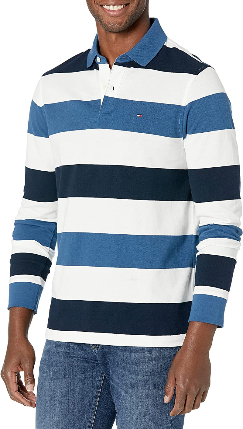 Tommy Hilfiger Men's Long Sleeve Flag Polo Shirt in Custom Fit (NAVY/WHITE/BLUE)