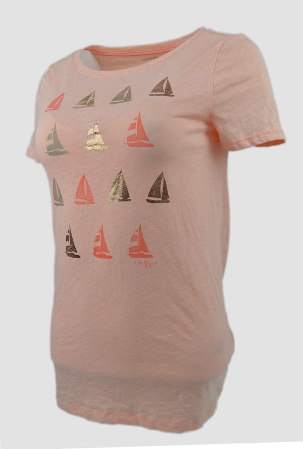 Tommy Hilfiger Womens Heather Pink Sailboat Graphic Tee Shirt