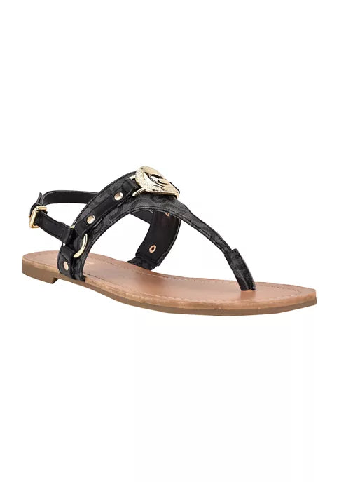 Womens GBG Guess Links Flat Thong Sandals, BLACK Leather
