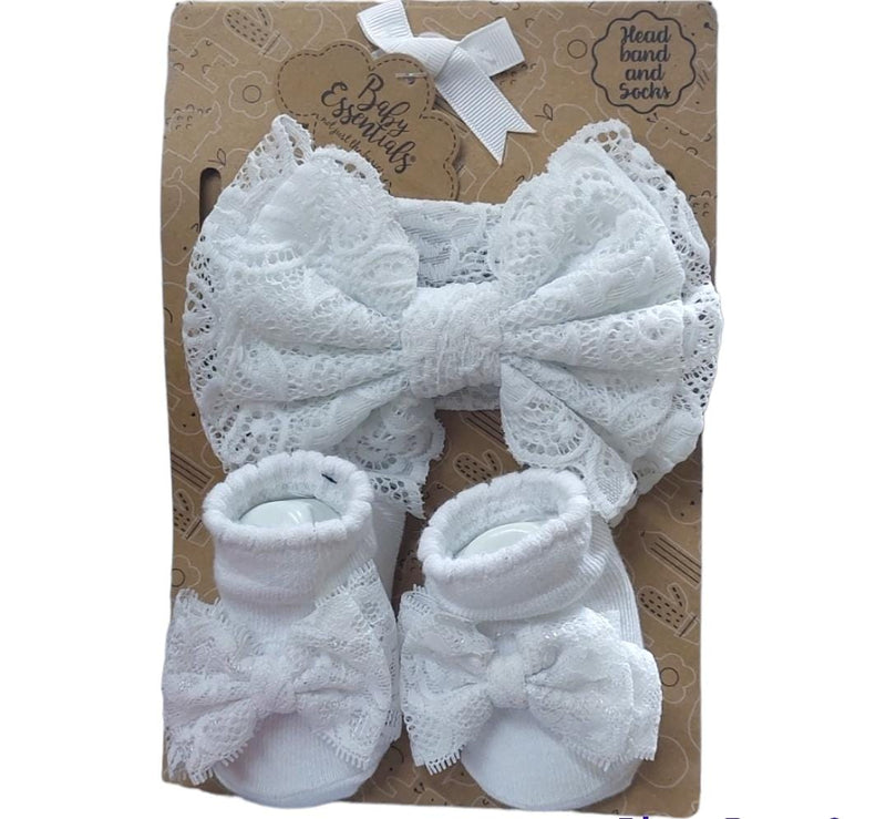 Baby Essentials Baby Girls WHITE  Floral Bow and Socks Set