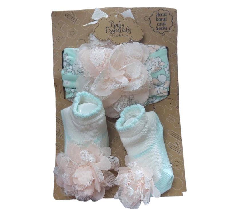 Baby Essentials Baby Girls GREEN Floral Bow and Socks Set