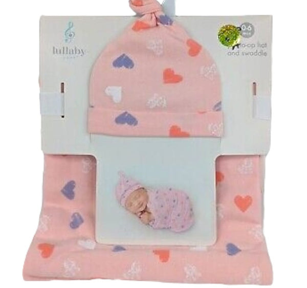 Lullaby Lane Hat & Swaddle Set, 0-6 Months, Pink with Hearts