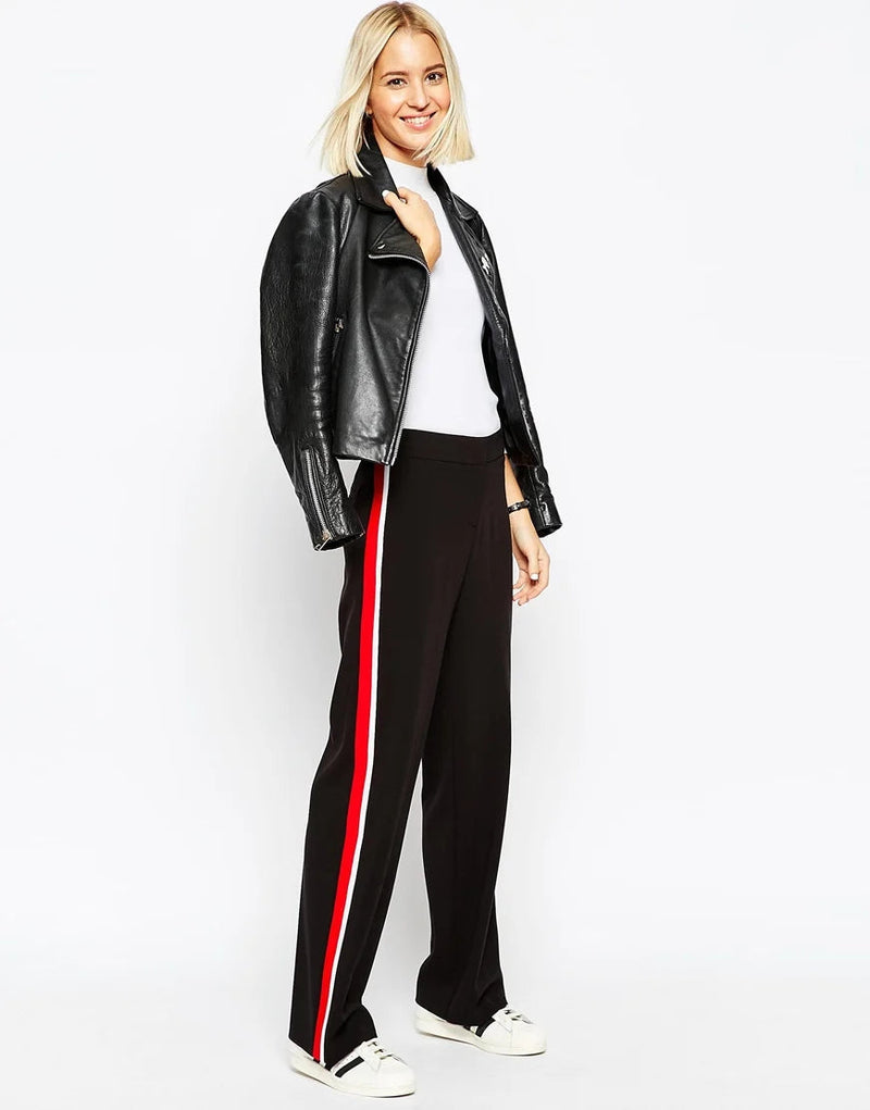 BEBE wide legged black pants with white and red stripes PANT WIDE LEG