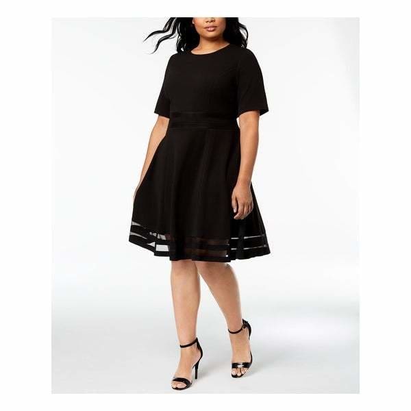 CALVIN KLEIN Womens Black Illusion Inset Short Sleeve Jewel Neck Knee Length Fit + Flare Party Dress Plus Size - 16W - Dress