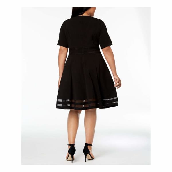 CALVIN KLEIN Womens Black Illusion Inset Short Sleeve Jewel Neck Knee Length Fit + Flare Party Dress Plus Size - 16W - Dress
