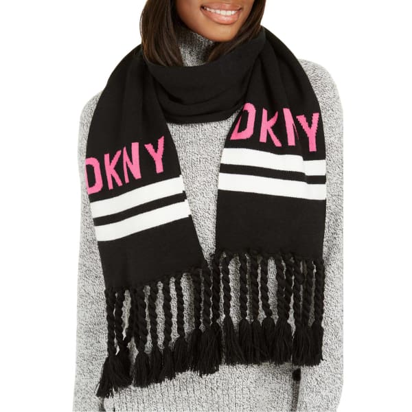 DKNY Black/Pink Logo Stadium Scarf With Tassel Fringe - Scarf