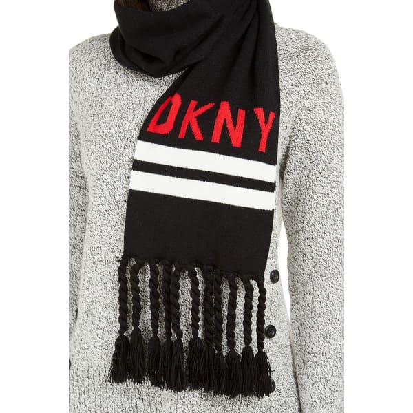 DKNY Black/Red Logo Stadium Scarf With Tassel Fringe - Scarf