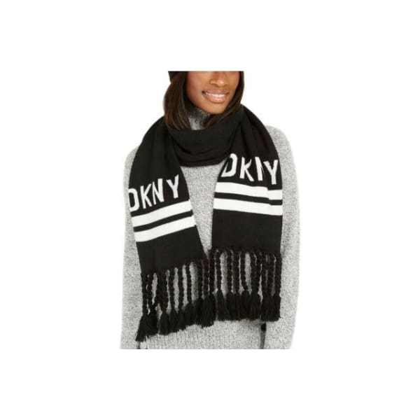 DKNY Black/White Logo Stadium Scarf With Tassel Fringe - Scarf