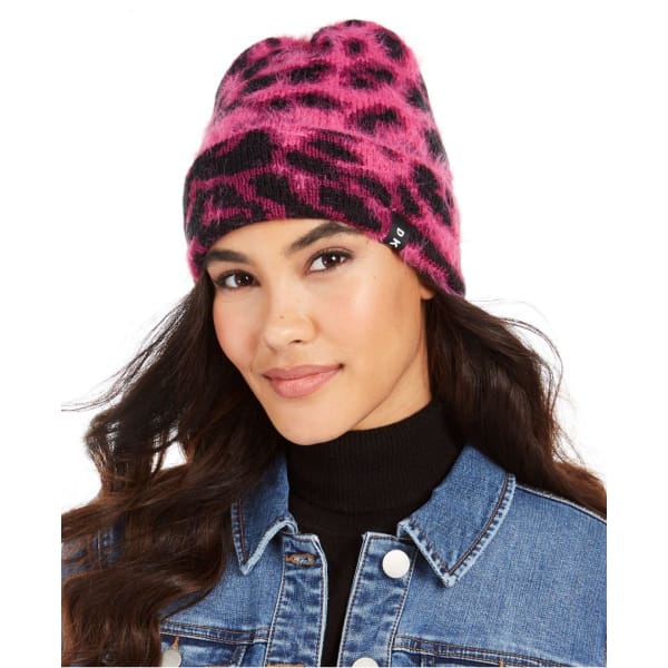 DKNY Fuzzy Animal Print Beanie Knit Hat Leopard Print - Hat