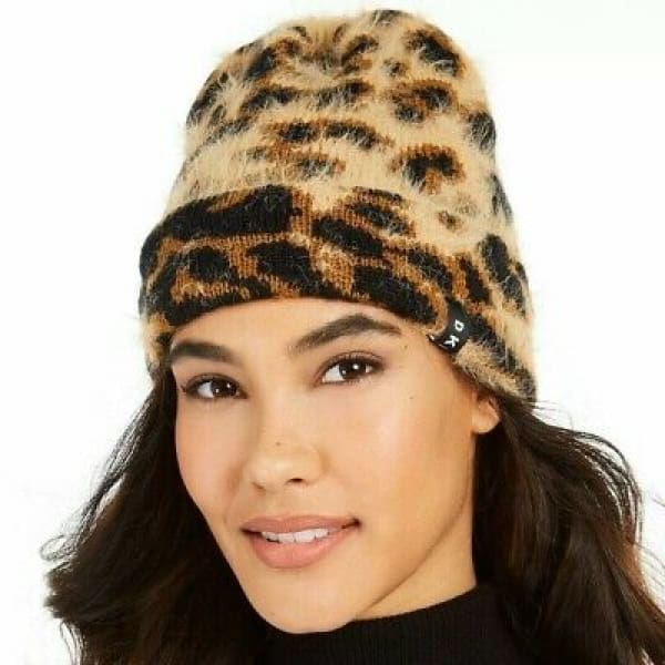 DKNY Fuzzy Animal Print Beanie Knit Hat Leopard Print - Hat