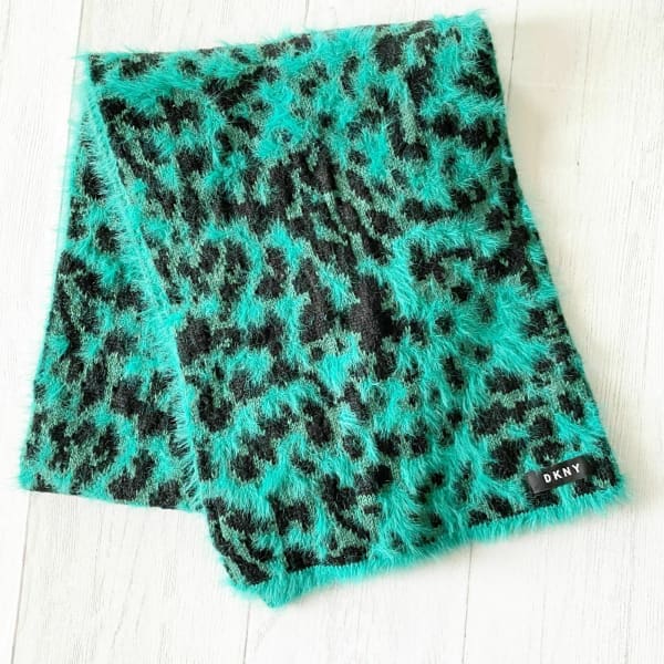 DKNY Fuzzy Animal Print Knit Scarf Green & Black - Scarf