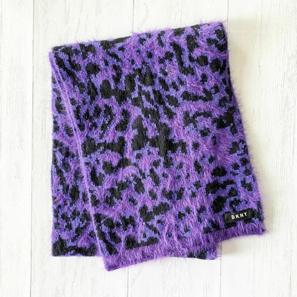 DKNY Fuzzy Animal Print Knit Scarf Purple & Black Scarf - Scarf