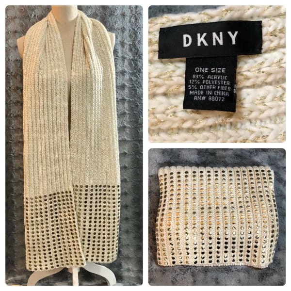 DKNY Women’s Knit Scarf Chunky Knit Beige Gold Thread Studded Acrylic Blend - Scarf