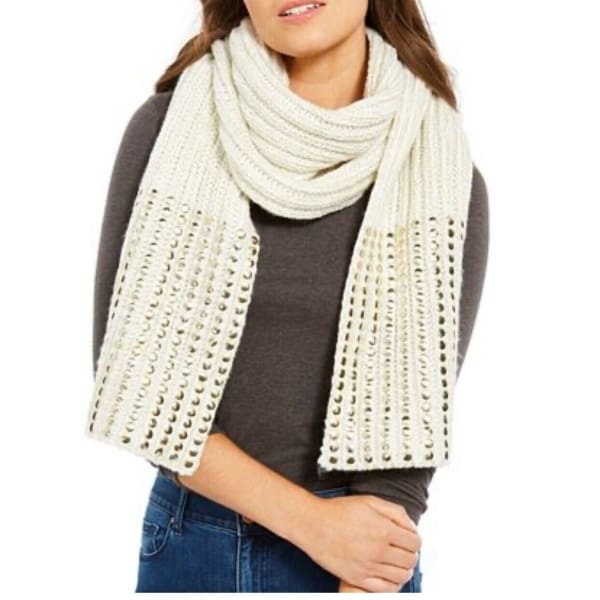 DKNY Women’s Knit Scarf Chunky Knit Beige Gold Thread Studded Acrylic Blend - Scarf