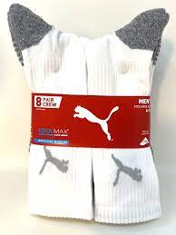 Puma Mens Crew Socks Size 6-12 - 8 Pair Pack CoolMax White Moisture Wicking