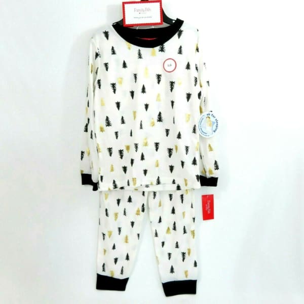Family Pajamas White Black Gold Tree Print 2Pc Knit Pajama Set - Kids Sleepwear