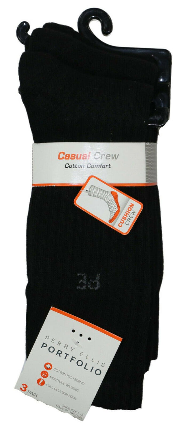 Perry Ellis Portfolio Mens 3 Pack Cushion Crew Socks Color Black