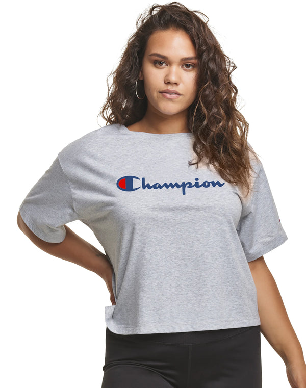 Champion Womens Plus Size Cropped T-Shirt Tee Script Logo Ringspun Cotton