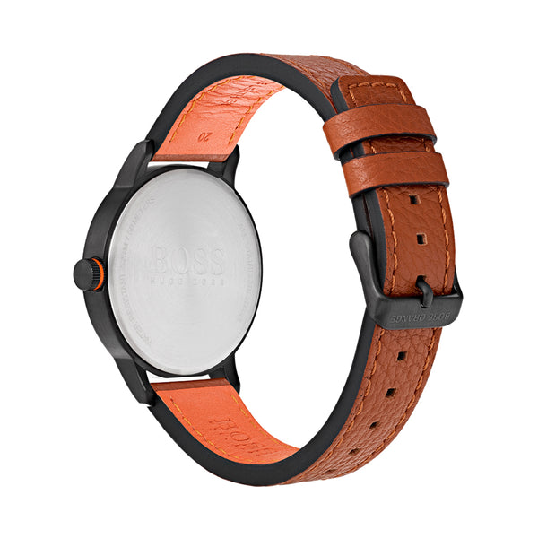 Boss Orange 40mm Men's Brown Leather Strap Stainless Steel Black Case Watch wBox