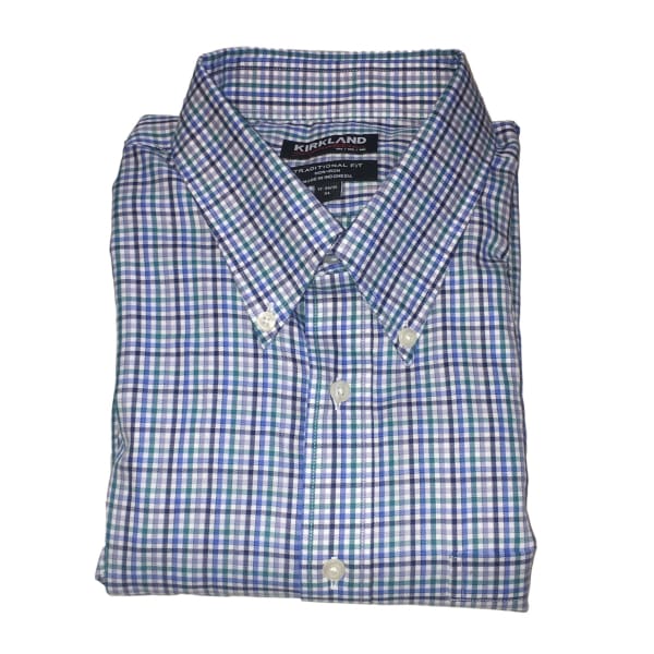 Kirkland Signature Men’s Traditional Fit Button Front Long Sleeve Shirt Blue Teal Mini Plaid - L - Men Dress Shirt