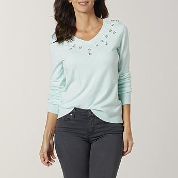 Laura Scott Women’s Embellished V-Neck Sweater Mint - Woman Sweather Hoodie Pullover