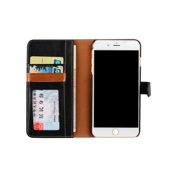 Leather Credit Card Case For iPhone 6+ 6S+ 7+ With Coin Holder - Black - Case