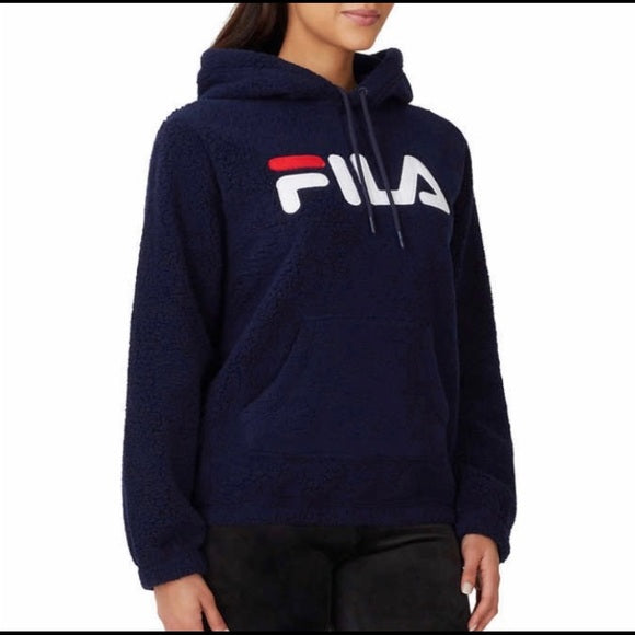 Fila Women's Hoodie Sweatshirt Logo Plush Kangaroo Pocket Navy