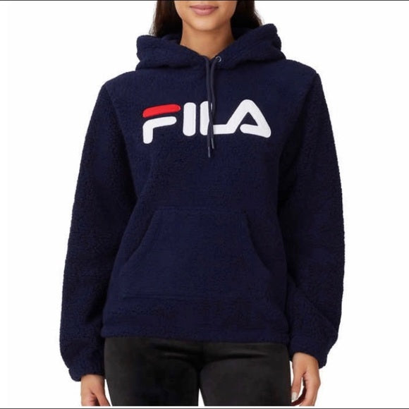 Fila Women's Hoodie Sweatshirt Logo Plush Kangaroo Pocket Navy